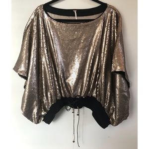 FP Gold Sequin Blouse with Drawstring Waist
